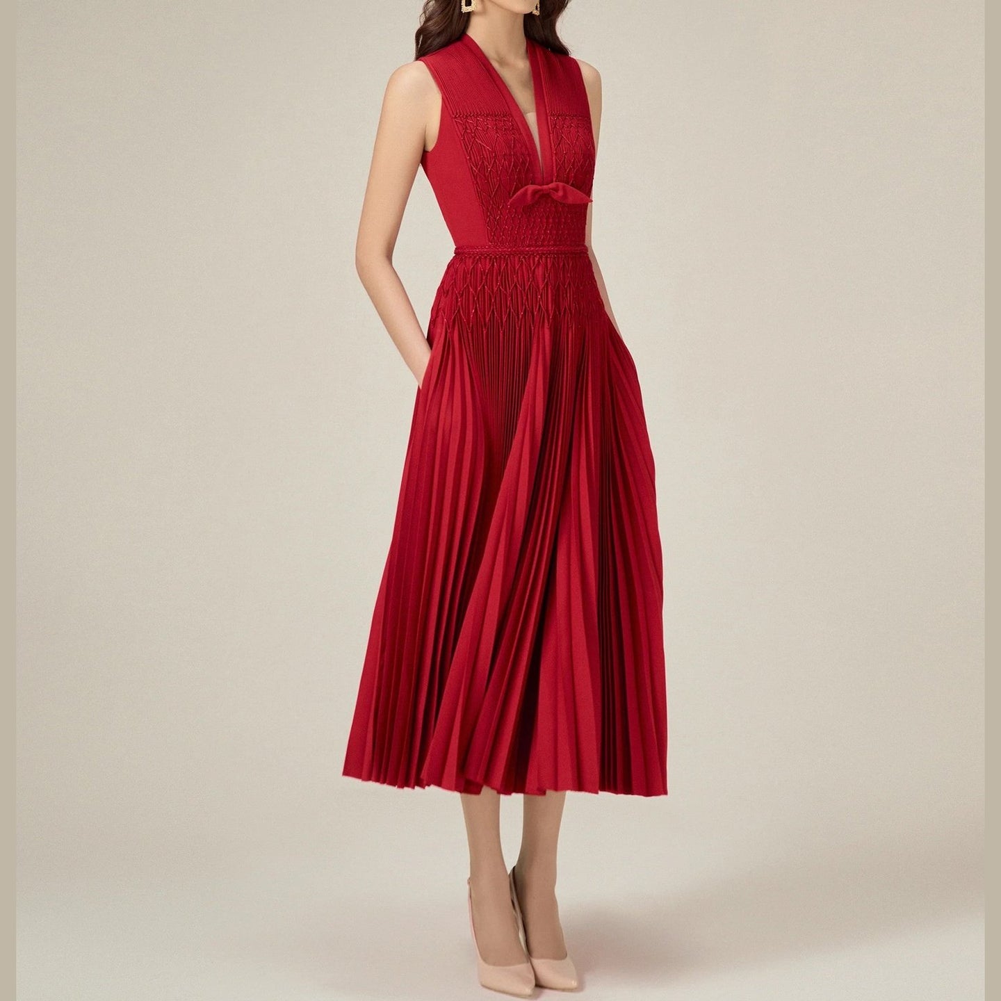 CHERIE | Red Midi Pleated Dress Summer Office dress red - Cielie